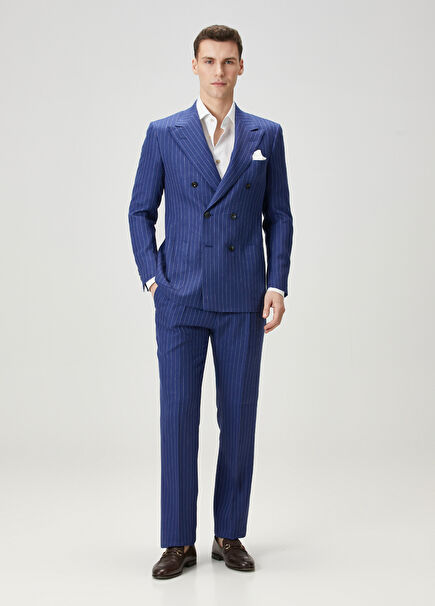 Blue Stripe Pattern Double-Breasted Suit