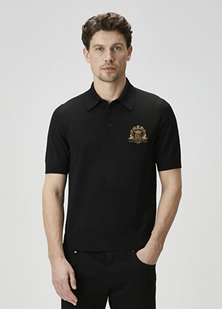 Black Short Sleeve Wool Polo Sweater