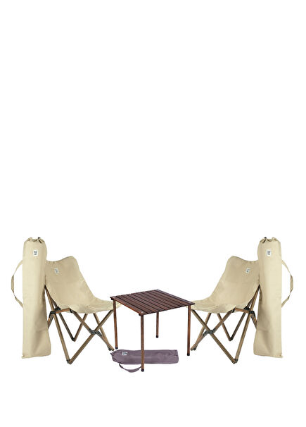 Wooden Anthracite Beige Folding Camping Table and Chair Set