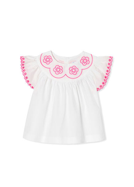 Beyaz Fırfırlı Kol İşlemeli Kız Bebek Bluz