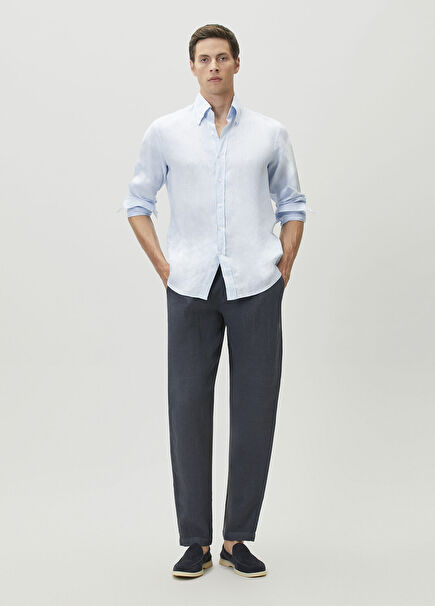 Navy Blue Waist Corded Linen Trousers