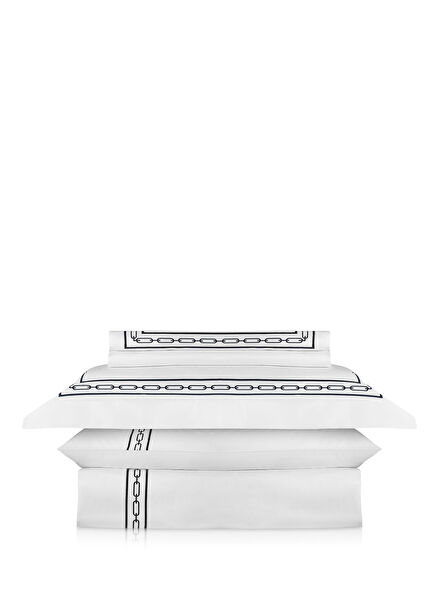 Linea Chain Black Embroidered White Cotton Satin Double Duvet Cover Set 220 x 240 cm