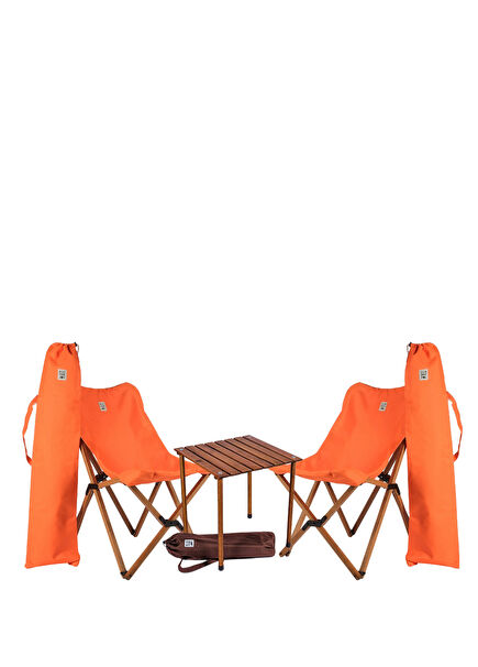 Ahşap Katlanır Kahverengi Turuncu Masa Sandalye Seti 50x50x50 cm