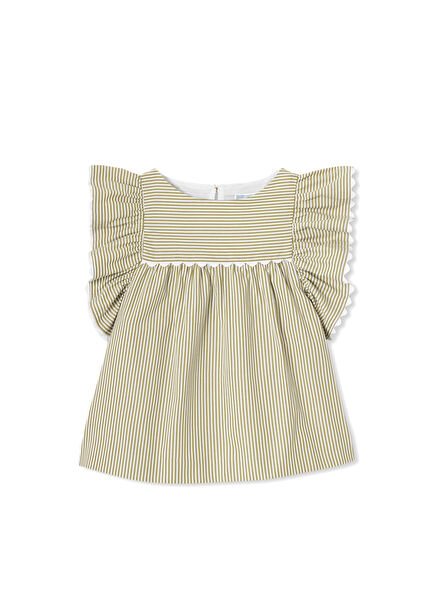 White Green Striped Poplin Ruffle Detailed Sleeveless Girl's Blouse