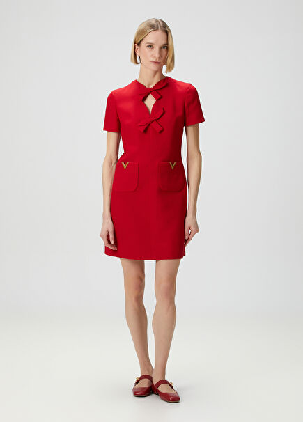 Red Bow Detailed Mini Wool Dress
