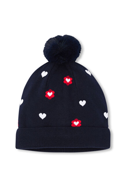 Lacivert Motifli Ponponlu Kız Çocuk Bere