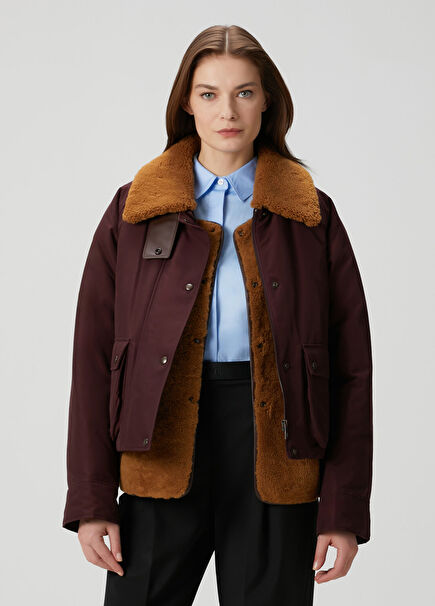 Burgundy Shearling Detailed Puffer Jacket