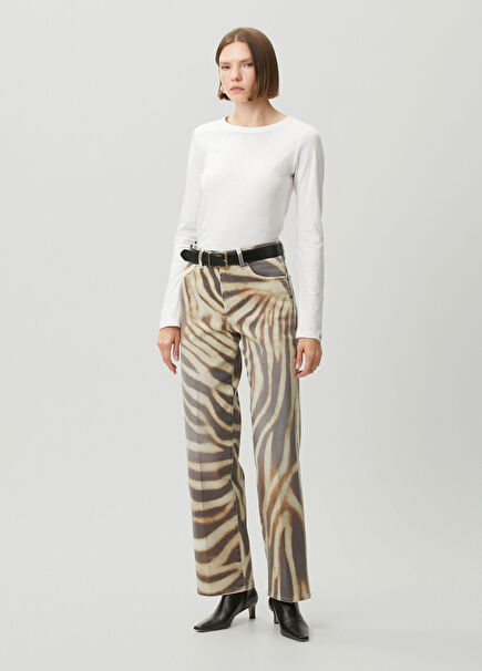 Kahverengi Desenli Straight Leg Jean Pantolon