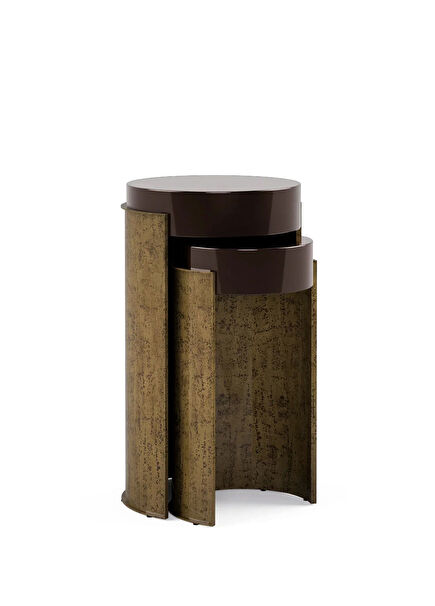Earth Brown Wooden Gloss Handcrafted Patterned Nesting Table Set