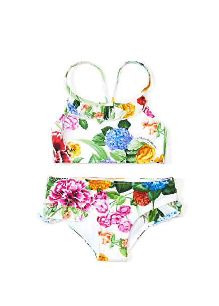 White Floral Printed Girls Bikini Set