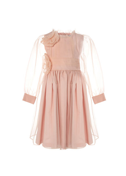 Pembe Organze Çiçek Süslemeli Kız Çocuk Elbise