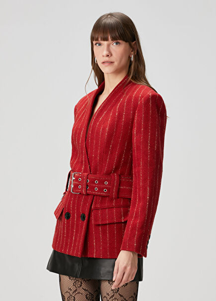 Fyma Kırmızı Çizgili Kruvaze Yün Ceket