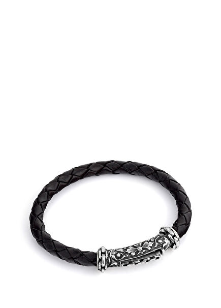Black Woven Textured Men's Silver Bracelet