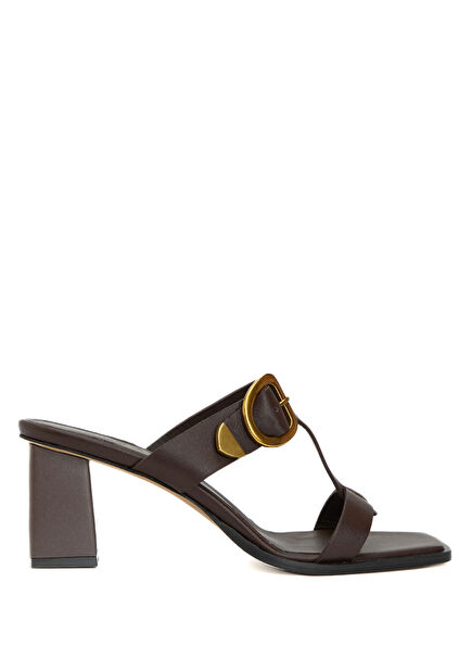 Kahverengi Amorf Tokalı Kadın Deri Topuklu Terlik