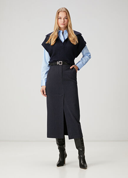 Navy Blue Striped Midi Skirt