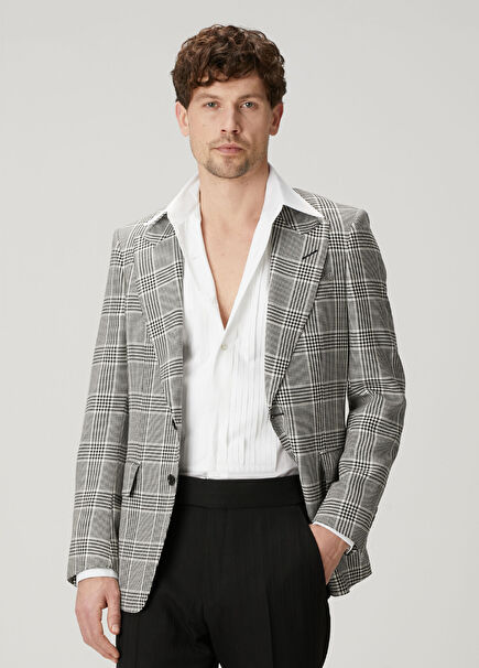 Siyah Beyaz Ekose Desenli Yün Ceket