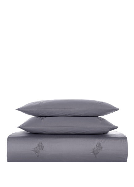 Carmen Grey 300 Tc Cotton Satin Embroidered Double Duvet Cover Set 200 x 220 cm
