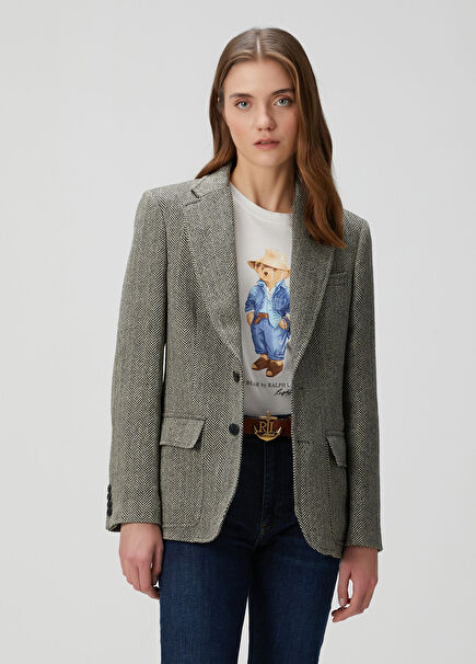 Siyah Desenli Keten Blazer