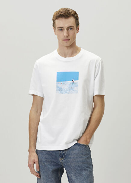 Beyaz Relax Fit Deniz Yelken Artwork T-shirt