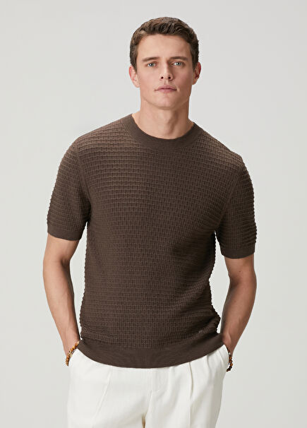 Brown Crepe Knit Textured Short Sleeve Sweater