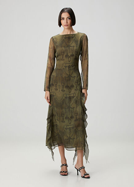 Haki Fırfır Detaylı Midi Elbise