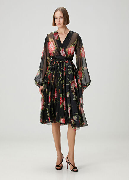 Black Floral Midi Silk Chiffon Dress