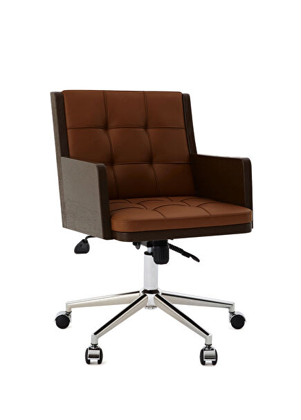 Sütlü Kahve Deri Masif Koyu Ceviz Gövdeli Kaplama Ofis Koltuğu