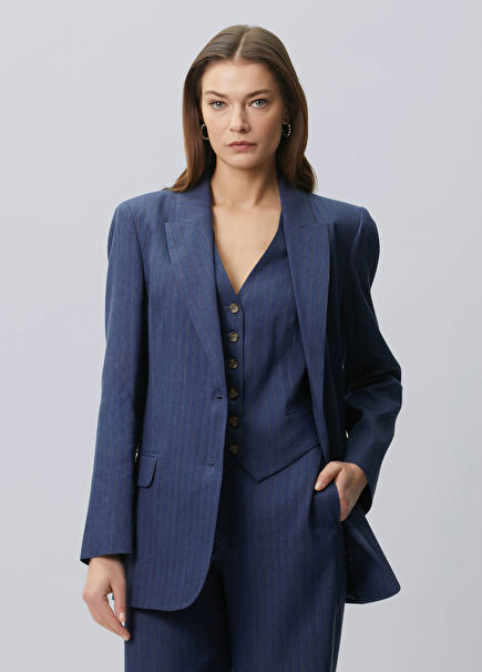 Indigo Çizgili Keten Ceket