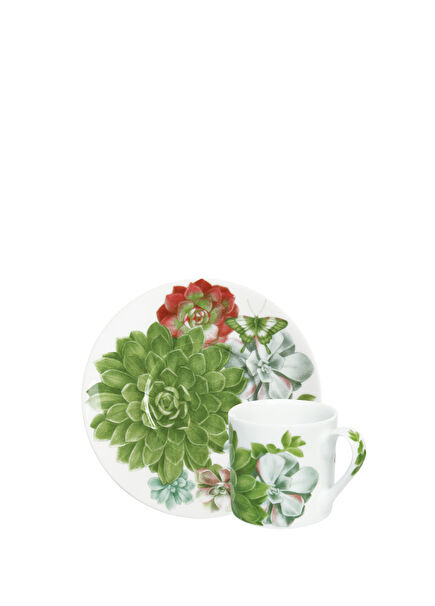 Desert Rose Renkli Fine Bone 2'li Kahve Fincanı ve Tabağı Seti