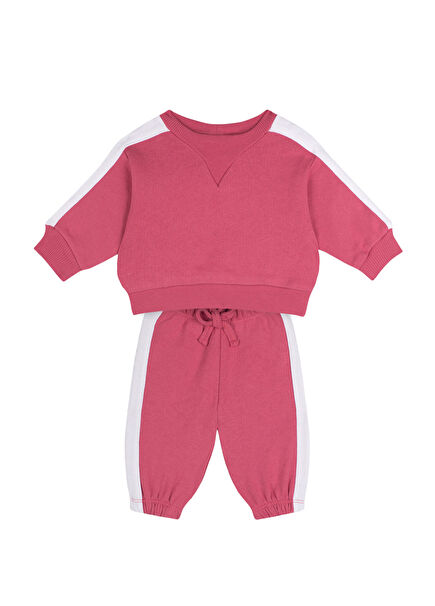 Kontrast Pembe Pamuklu Sweatshirt Pantolon Kız Bebek 2'li Set