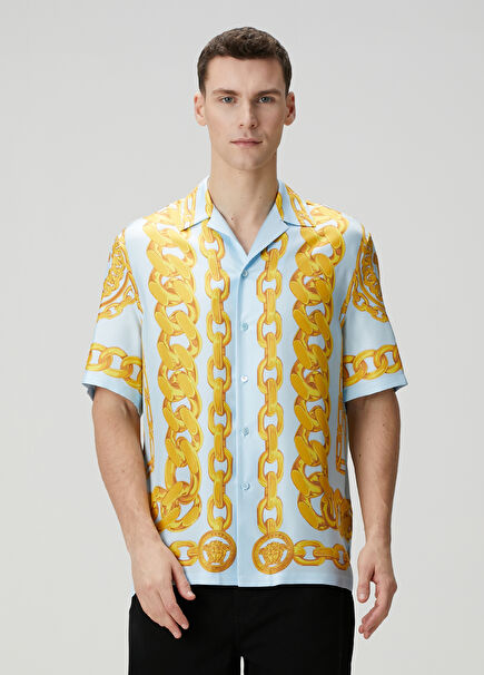 Medusa Chain Blue Yellow Short Sleeve Silk Shirt