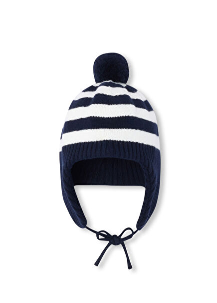 Lacivert Beyaz Çizgili Ponponlu Erkek Bebek Bere