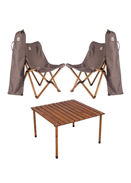 Wooden Brown Dark Grey Folding Camping Table and Chair Set