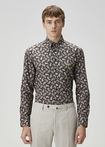 Lacivert Etnik Desenli Gömlek