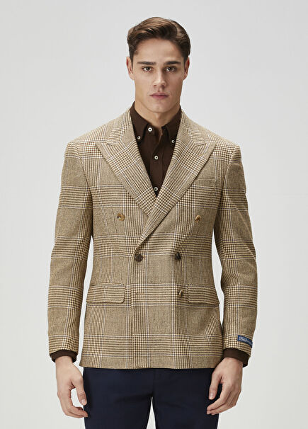 Kahverengi Ekose Desenli İpek Kruvaze Blazer