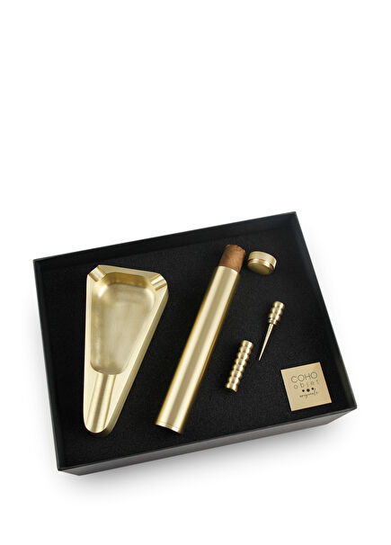 Box Brazen Brass Cigar Ashtray Case and Cigar Needle Set