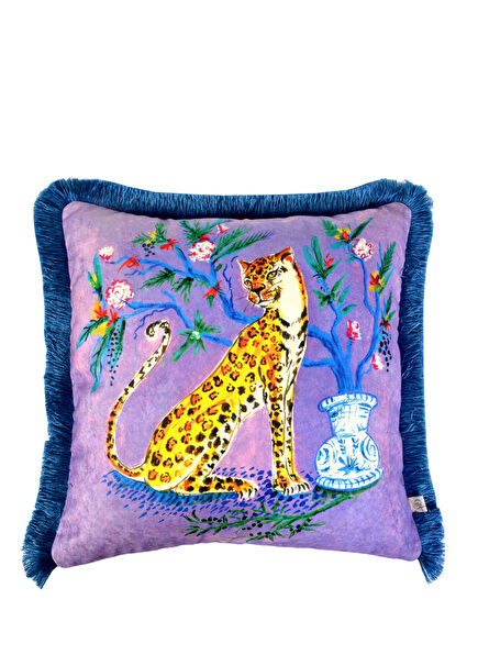 Leopar Desenli Mor Kadife Dekoratif Kırlent Kılıfı 45 x 45 cm