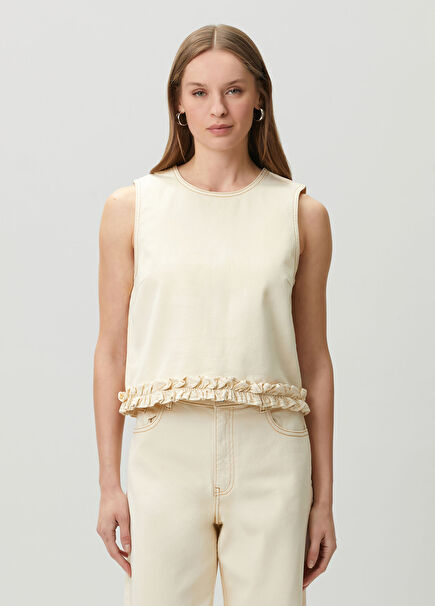 Madie Beige Ruffle Denim Blouse