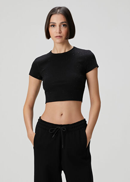 Siyah Hotfix Detaylı Crop T-shirt