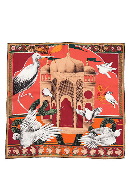 Miniatüre Palace Kuşlar ve Köşk Desenli İpek Twill Kadın Şal