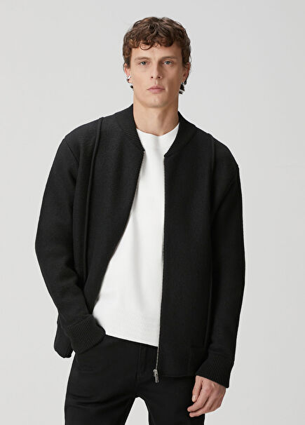 Siyah Boiled Bomber Yün Triko Mont