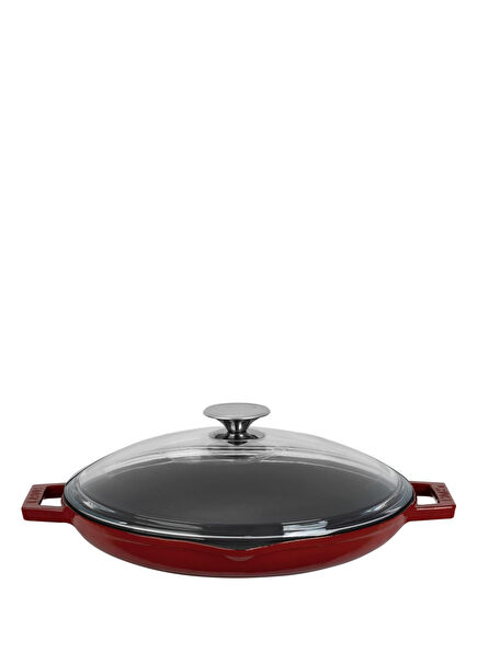Burgundy Cast Iron Glass Lid Monolithic Double Handle Round Frying Pan 30 cm