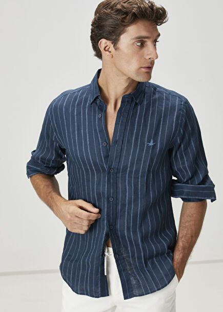 Comfort Fit Navy Blue Linen Shirt