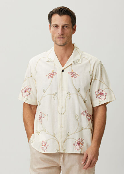 Ronen Krem Çiçek Nakışlı Kısa Kollu Gömlek