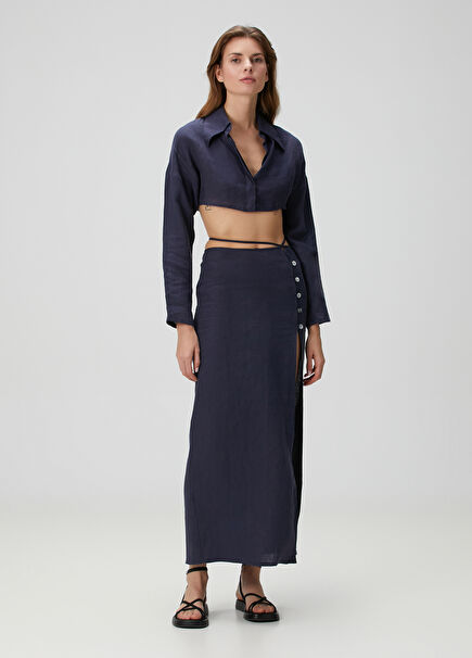 Wheel Of Fortune Navy Blue Maxi Linen Skirt