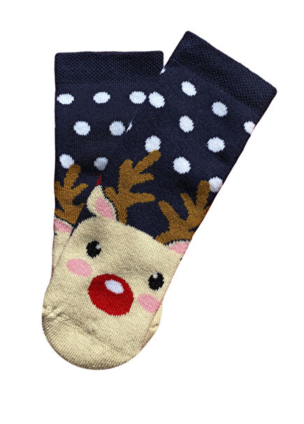 Reindeer Beige Yılbaşı Temalı Unisex Çocuk Çorap