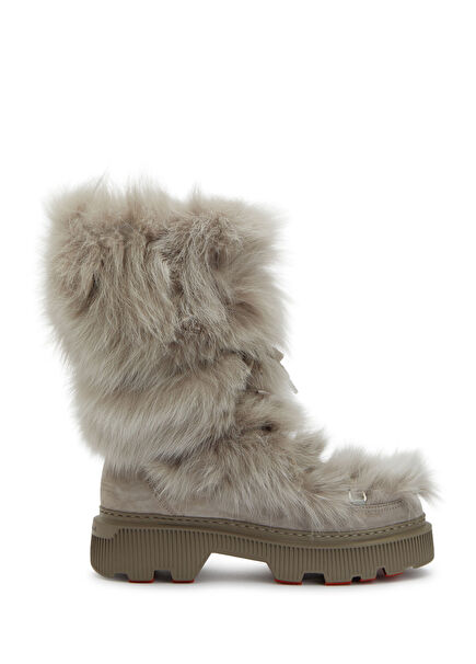 Bej Shearling Dokulu Kadın Süet Kar Botu