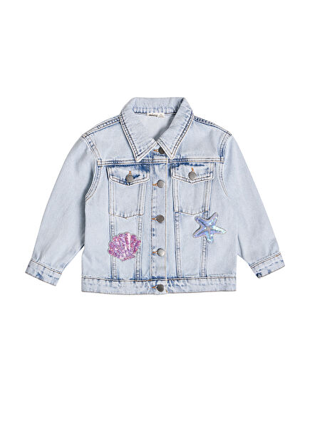 Blue Patterned Girls' Denim Jacket