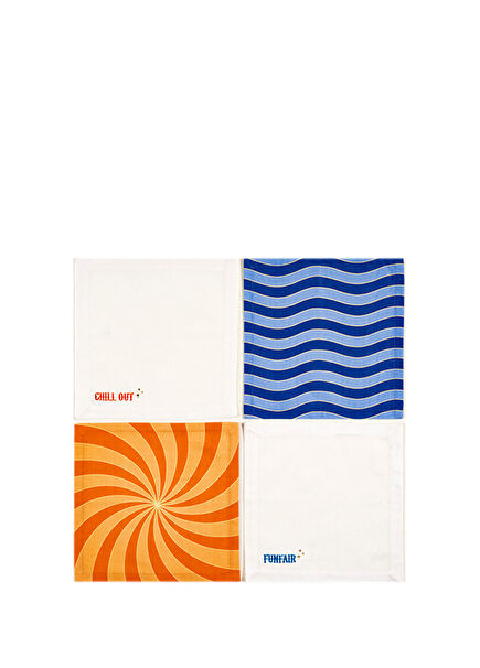Nilüfer Orange/Blue Embroidered Printed 100% Cotton 4-Piece Napkin Set