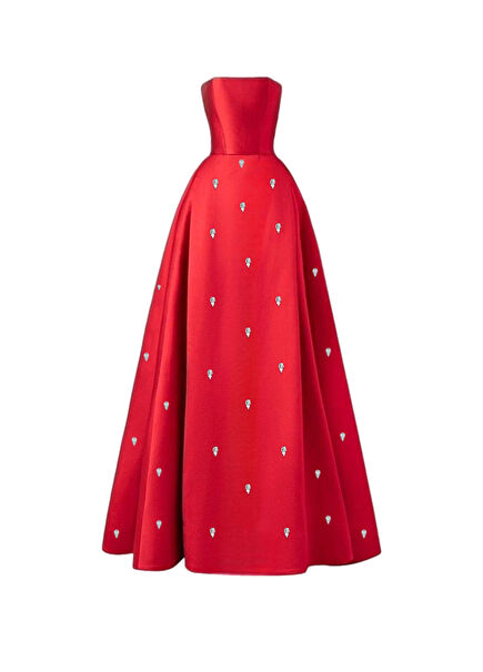 Sera Kırmızı Saten Straplez Uzun Kadın Abiye Elbise